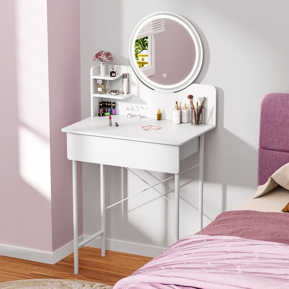 Small Makeup Vanity Desk, White Vanity Table with LED Lighted Mirror, Dressing Table with Drawer, Open Shelves, Adjustable Brightness, Women Stylish Makeup Desk for Small Bedrooms