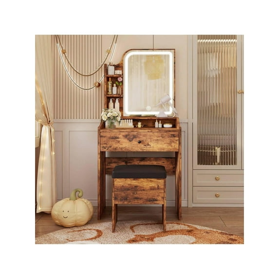 Small Makeup Vanity Desk With Mirror And Lights, Vanity Table Set With Storage Drawer, Chair And 3 Shelves, For Bedroom, Cloakroom, Vintage Brown