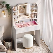 Small Makeup Vanity Desk with LED Mirror and Lights, Tempered Glass, RGB Drawer with App/Remote and Music-Sync, 6000+ Colors, 5 Shelves