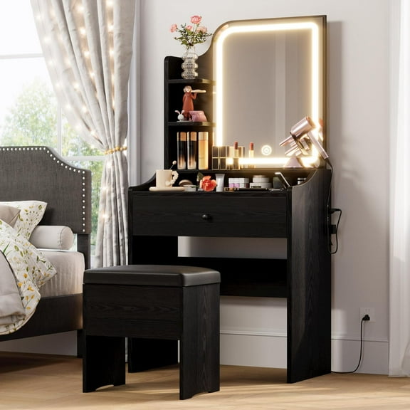 Small Makeup Vanity Desk with Mirror and Lights, Vanity Table Set with Storage Drawer, Chair and Three Shelves, Bedroom