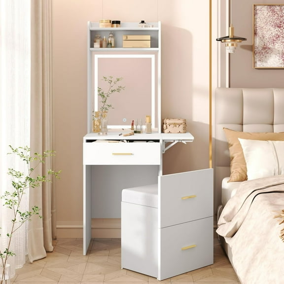Small Makeup Vanity with Mirror and Light, Dressing Table with Charging Station & Fold-up Shelf for Small Space, Compact Makeup Vanity Set with Hidden Stool for Bedroom, White