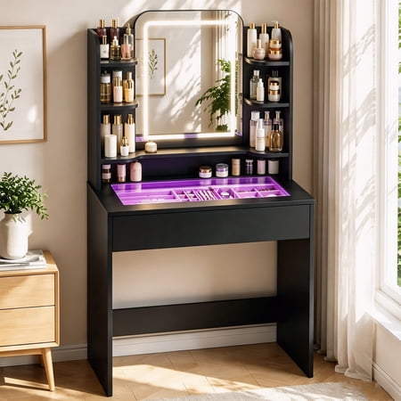 Small Makeup Vanity with Mirror and Lights, Tempered Glass Top, LED Mirror, Lukstr Black Vanity Desk with Smart RGB drawer with APP+remote, 6000+ Colors, Music Pulse