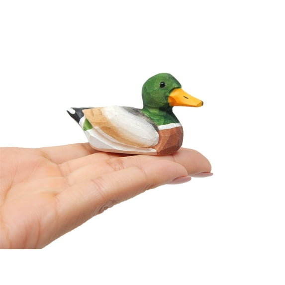Small Mallard Wooden Duck Figurine - Drake/Male, Green Head, Hand-Made, Carving, Decoration, Decoy, Small Animals, Duck Lover