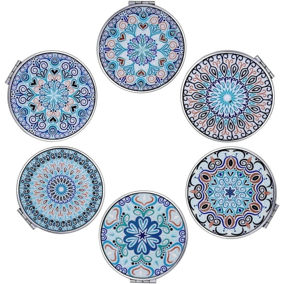 Small Manifying Travel Makeup Compact Mirror Bulk Handheld Mini Pocket Size Folding Portable - Dual Beauty Mirrors for Women - Mandala Mixed Designs - 6 Pack