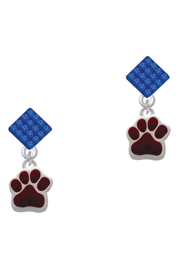 Small Maroon Paw Blue Crystal Diamond-Shape Earrings