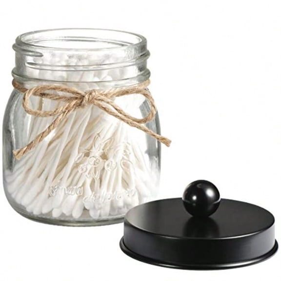 Small Mason Jar Glass Qtip Holder Apothecary Jars with Lids Bathroom Organizers and Storage Bathroom Canister for Q-tips Cottons Floss Balls Cotton Swabs Farmhouse Decor-Black