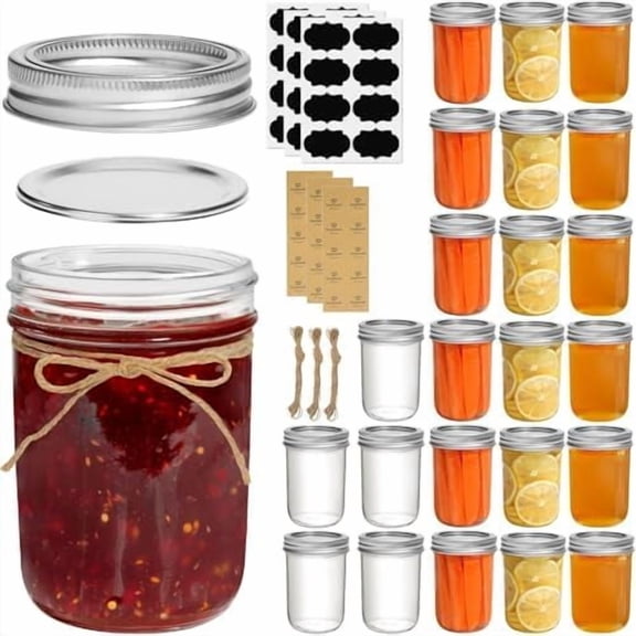 Small Mason Jars 8 oz 24Pcs Bulk Set, Half Pint Regular Mouth Mason Jar with Lids and Seal Bands, Glass Canning Jars for Jam, Jelly, Spice, Meal Prep, Shower Wedding Favors, DIY Candles Decor