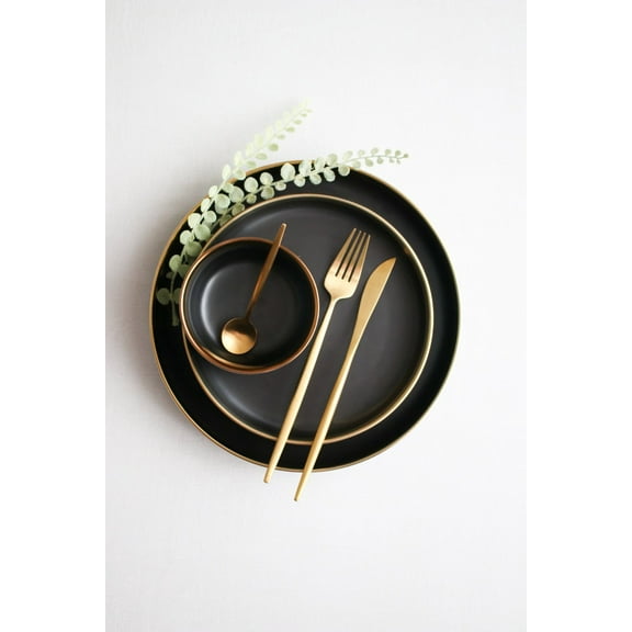 Small Matte Black Ceramic Plate with Gold Rim 7.6" Set of 2 | Luxury Collection