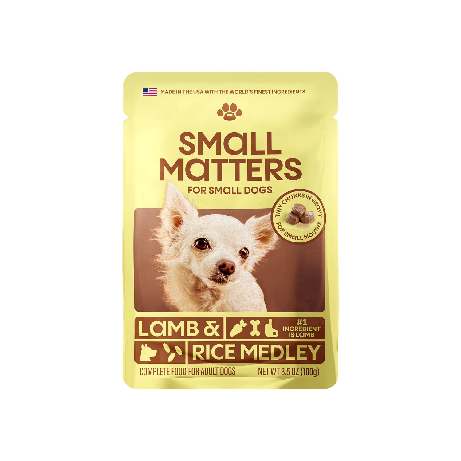 Small Matters Adult Dog Food for Small Dogs, Lamb & Rice Medley Chunks in Gravy, 3.5oz Pouch