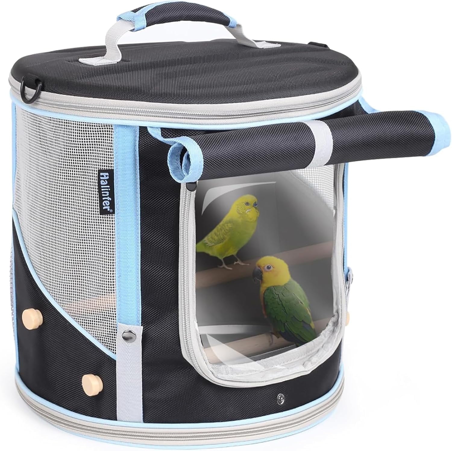 Small to Medium Birds Carrier Cage, Portable Handle Carrying Cylindrical Bird House with Metal Tray and Two (2) Wooden Stand Perch, Front Shade with Clear View