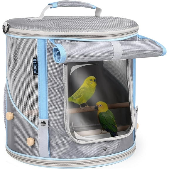 Small to Medium Birds Carrier Cage, Portable Handle Cylindrical Bird House with Metal Tray and Two (2) Wooden Stand Perch, Front Shade with Clear View
