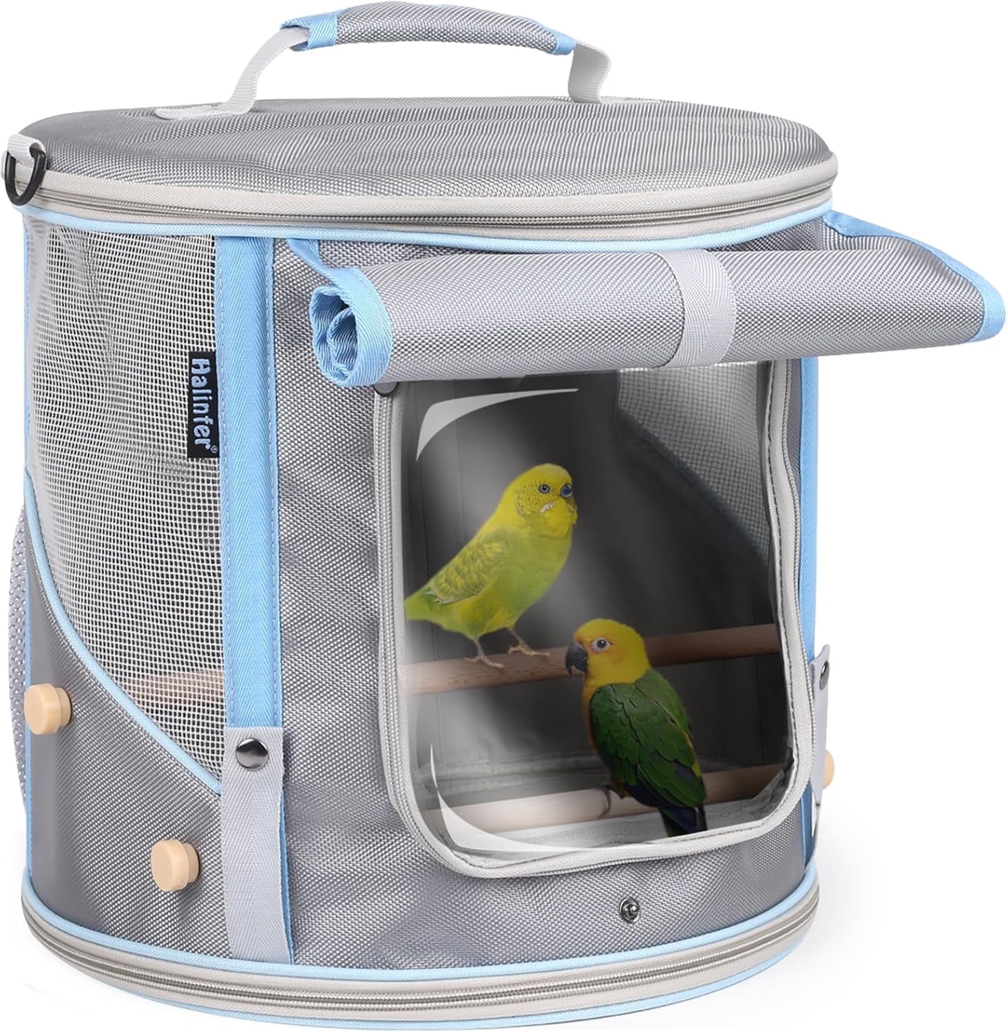 Small to Medium Birds Carrier Cage, Portable Handle Cylindrical Bird House with Metal Tray and Two (2) Wooden Stand Perch, Front Shade with Clear View