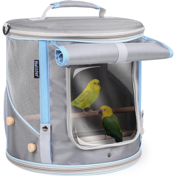 Small to Medium Birds Carrier Cage, Portable Handle Cylindrical Bird House with Metal Tray and Two (2) Wooden Stand Perch, Front Shade with Clear View