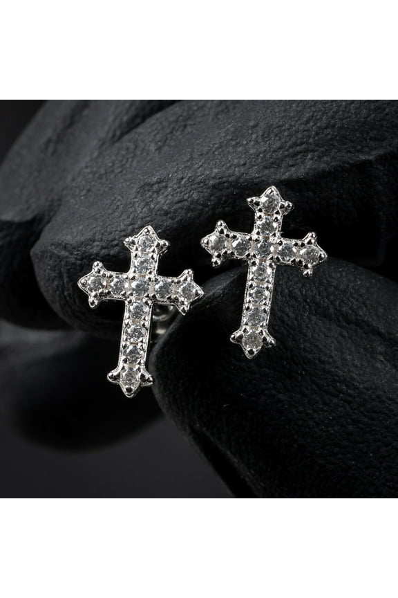 Small Mens Women's Prong Set Iced 5A Cz Hip Hop White Gold Rhodium 925 Sterling Silver Hypoallergenic Crucifix Ice Out Cubic Zirconia Gothic Cross Screw Back Stud Earrings