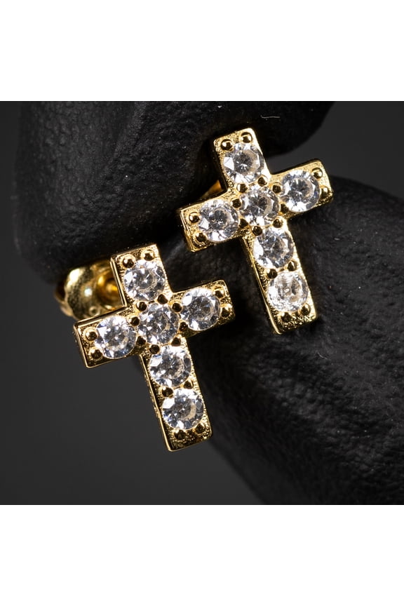 Small Mens Women's Prong Set Iced 5A Cz Hip Hop Yellow Gold 925 Sterling Silver Hypoallergenic Ice Out Cubic Zirconia Cross Screw Back Stud Earrings