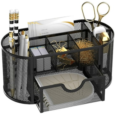Small Mesh Desk Organizer with Drawers, Desk Accessories with 9 Compartments, Makeup Organizer, Black