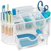 INTIGE Small Mesh Makeup Organizer with Drawers, Multifunction Desk Organizer with 9 Compartments, Cosmetics Organizer, White