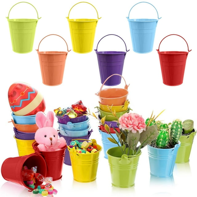 Small Metal Buckets with Handle - 6 Pack Colored Galvanized bucket for Kids, Classroom, Crafts, and Party Favors (Multi-colored, 2.8" Top)