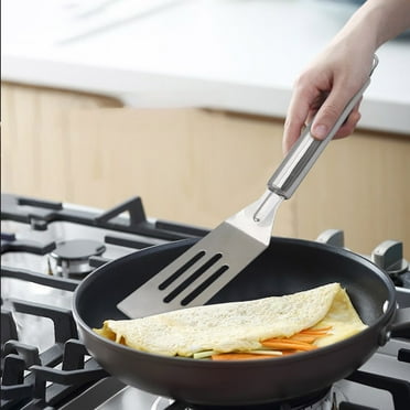 Small Metal Spatula for Nonstick Cookware, Stainless Steel Short Slotted Spatula, Flexible Metal Turner for Cooking, Flipping, Frying, 9.8" Egg Flipper Utensils, Heat Resistant Handle