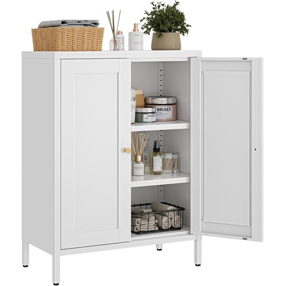 Small Metal Storage Cabinet,23.6 Inch Wide 11.8 Inch Deep,Bathroom Cabinet with Adjustable Shelves,3-Tier 31.5" Tall Shaker Cabinet for Kitchen Entryway Living Room,White