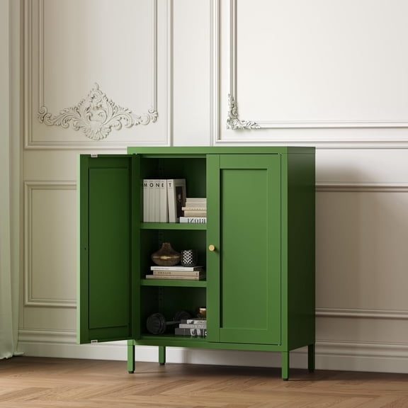 Small Metal Storage Cabinet, 23.6" Wide Bathroom Cabinet with 2 Adjustable Shelves, 3-Tier Shaker Sideboard Storage Unit for Entryway Living Room Kitchen,Forest Green