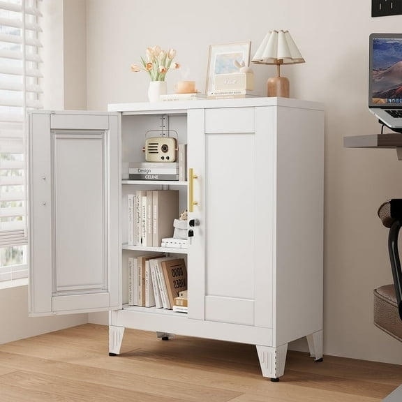 Erosoei Small Metal White Office Storage Cabinet with Shelves and Lock,Steel File Cabinet
