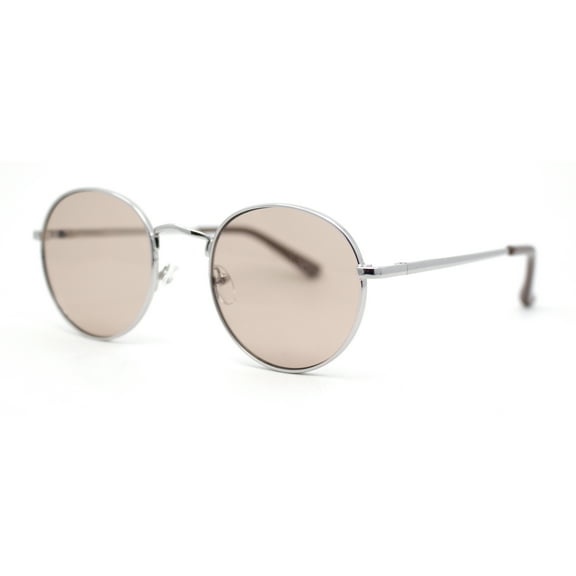 Small Micro Round Metal Rim Retro Dad Fashion Sunglasses Silver - Light Brown