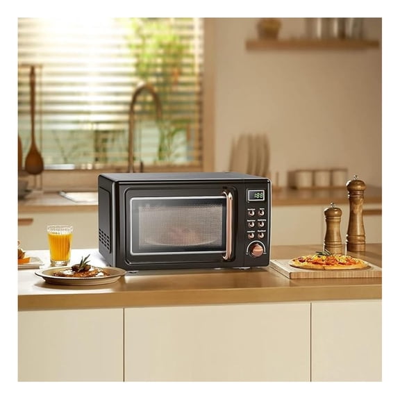 Small Microwave, 0.7Cu.ft 700 Watt Countertop Microwave with 5 Micro Power Defrost & Auto Cooking Function, Stainless Steel Interior, LED Display, Ideal for Kitchen, RV, Dorm (Golden)