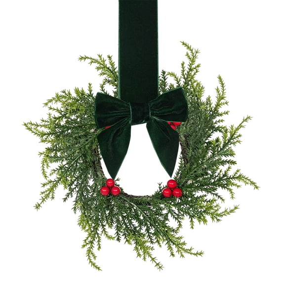 Small Mini Christmas Wreaths,Mini Cabinet Wreaths with Ribbon Bows Red Berry,Mini Christmas Cypress Wreaths,Artificial Small Kitchen Wreath for Window Front Door Farmhouse Wall Xmas Decorations
