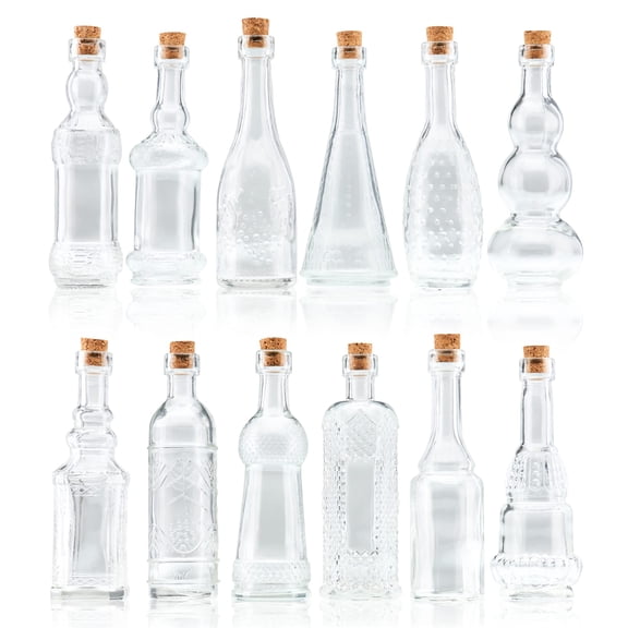 Small Mini Clear Vintage Glass Bottles with Corks, Mini Vases, Decorative, Potion, Assorted Design Set of 12 pcs, 4.6 Inch Tall (11.43cm), 1.4 Inch Wide (3.56cm)