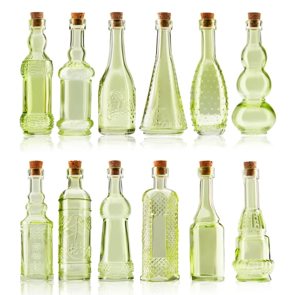 Small Mini Clear Vintage Glass Bottles with Corks, Mini Vases, Decorative, Potion, Assorted Design Set of 12 pcs, 4.6 Inch Tall (11.43cm), 1.4 Inch Wide (3.56cm)