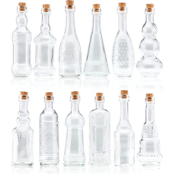 Small Mini Clear Vintage Glass Bottles with Corks, Vases, Decorative, Potion, Assorted Design Set of 12 pcs, 4.6 Inch Tall (11.43cm), 1.4 Wide (3.56cm)