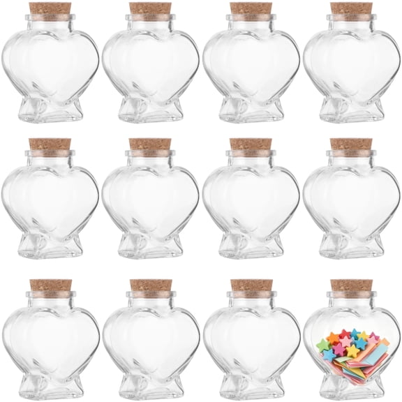 12 PCS Glass Heart Mini Jars with Cork, Small Clear Glass Bottles for Wedding Favors, Message Bottles for Crafts, DIY Present and Decorative Storage