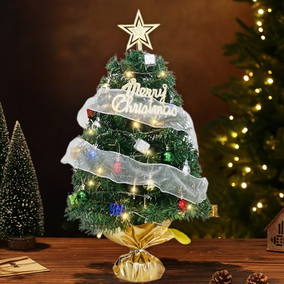 Small Mini Table top Christmas Tree with LED Lights 18Inch Little Prelit Christmas Tree Decorated Gift Boxes and Hanging Ornaments for DIY Christmas Decoration