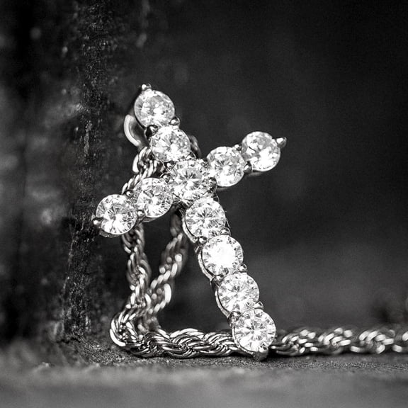 Small Mini White Gold Plated Iced Cz Micro Cross Pendant And Rope Chain Necklace