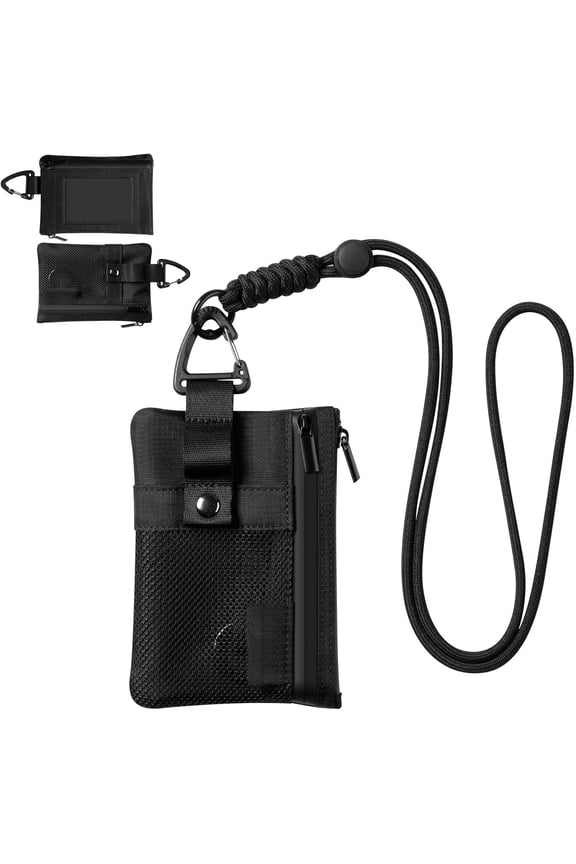 Small Minimalist Wallet for Women and Men RFID Blocking, Zipper Pouch with ID Window and , Water Resistant Nylon Travel Lanyard Wallet Black