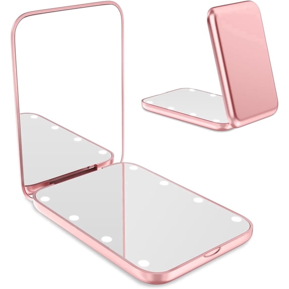 Small Mirror with Lights,LED Compact Makeup Mirror,1x/3x Mini Travel Mirror with Magnification,Portable for Purse,Pocket,Gifts for Girls,Rose Gold
