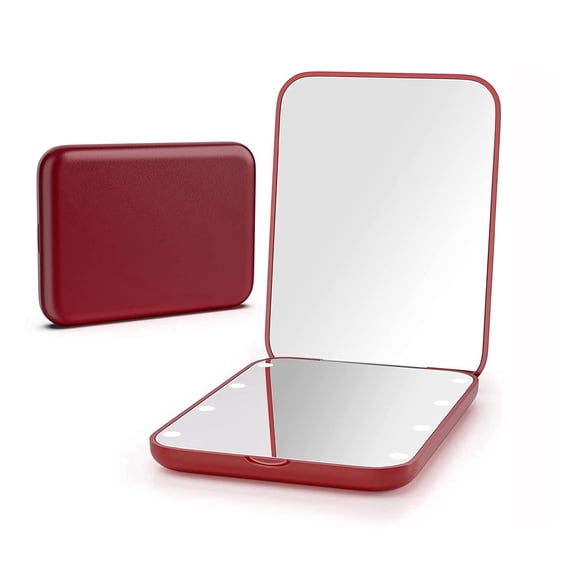 Small Mirror with Lights,LED Compact Makeup Mirror,1x/3x Mini Travel Mirror with Magnification,Portable for Purse,Pocket,Gifts for Girls,Wine Red