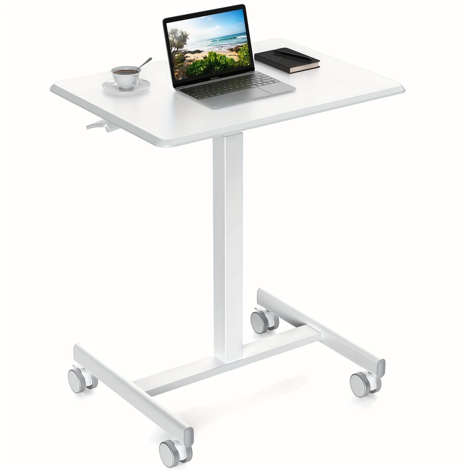White Adjustable Height Mobile Laptop Cart with Wood Top