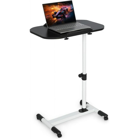 Small Mobile Standing Desk, Adjustable Height Computer Desk with 360° Rolling Casters, Tilting Overbed Table for Home Office and School, White