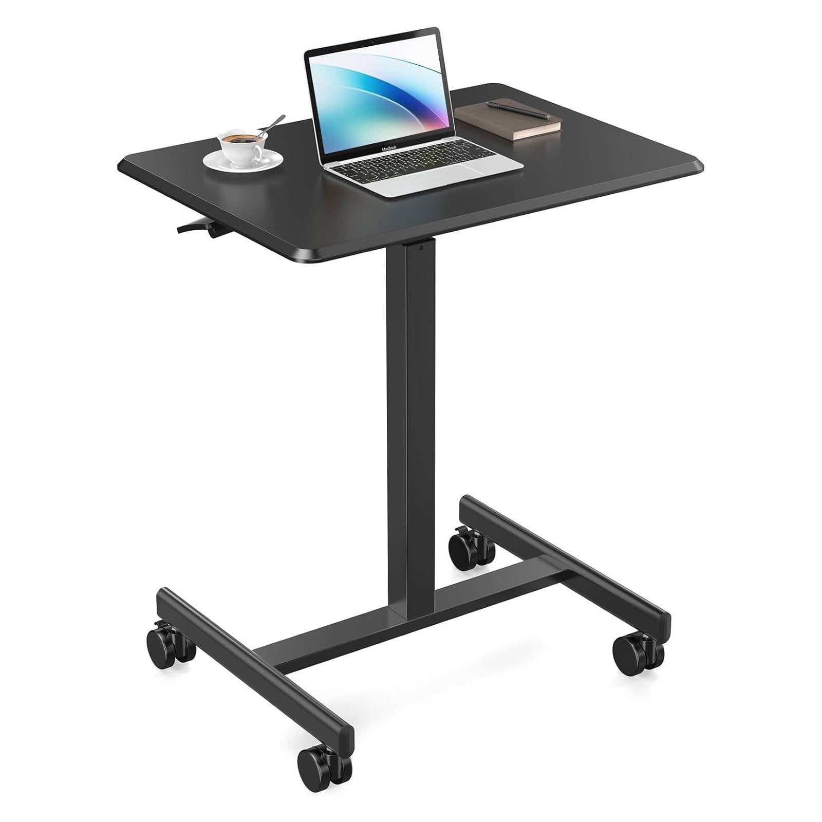 Small Mobile Standing Desk, Adjustable Rolling Laptop Table with Locking Wheels for Home Office, Black