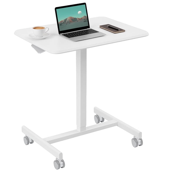 Small Mobile Standing Desk, Adjustable Rolling Laptop Table with Locking Wheels for Home Office, White