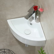 Small Modern 18"x 12.6" Wall Mount Ceramic Bathroom Corner Sink White Porcelain Sink w/Overflow & Pop-Up Drain