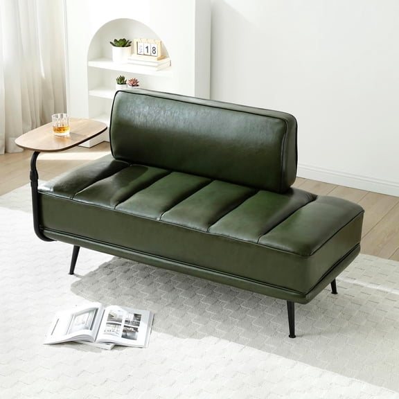 Small Modern Loveseat Couch Sofa, Leather Upholstered 2-Seat Sofa, Love Seat Furniture with 360-Degree Swivel Tray, Black Metal Leg for Small Space, Living Room, Bedroom, Apartment (Green)