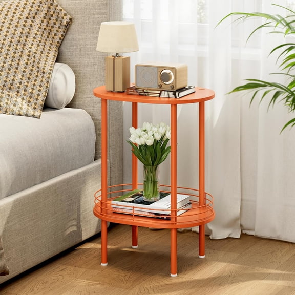 Small Modern Round Side Table Set of 2, 2-Tier Side Tables Living Room, Sturdy Nightstand for Small Space - Living Room, Bedroom, Bathroom, Nursery, (2 PC, Orange)
