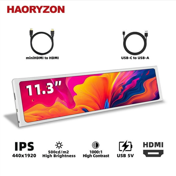 Small Monitor 11.3-inch IPS Stretched Bar LCD Mini Travel Display 440x1920 HDMI USB-C Portable Screen for Laptop Computer Windows Aida64 GPU CPU RAM Monitoring