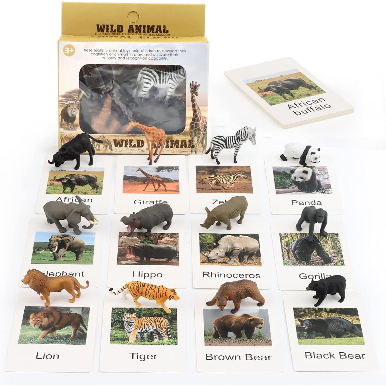 Kanecdo 12 Safari Animals Figures Toys with 12 Flash Cards, Realistic Mini Jungle Animal Figurines Cake Topper Party Supplies Montessori Animal Matching Game for Toddler Kids