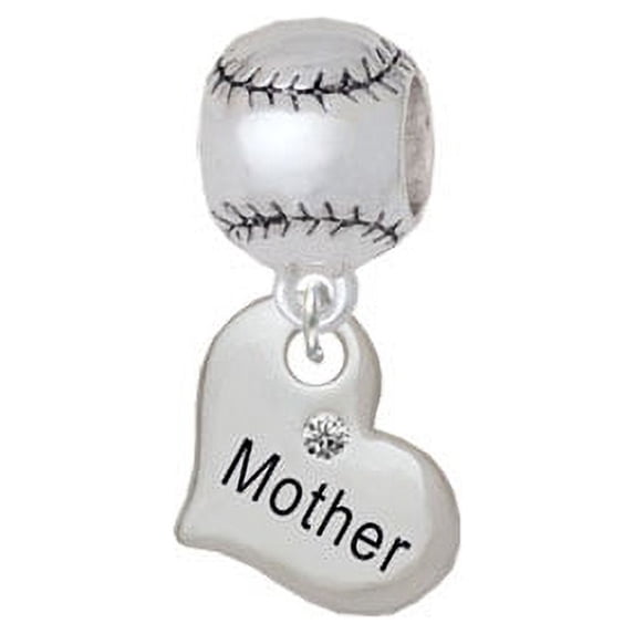 Small ''Mother'' Heart with Clear Crystal - Softball Charm Bead
