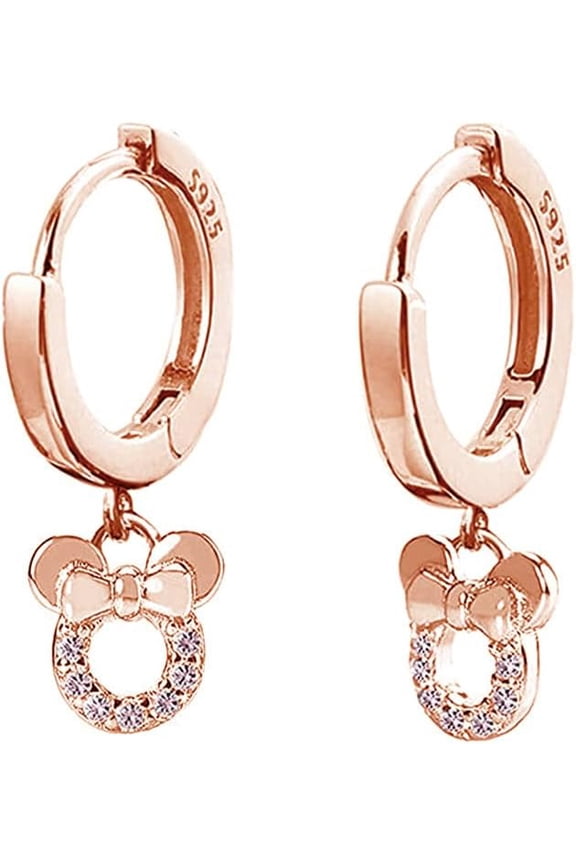 Small Mouse Dangle Hoop Earrings for Women 925 Sterling Silver Pink Cubic Zirconia Charm Animal Mice Huggie Sleeper Hoops Cartilage Hypoallergenic for Sensitive Ear Jewelry (Rose-Gold-Toned)