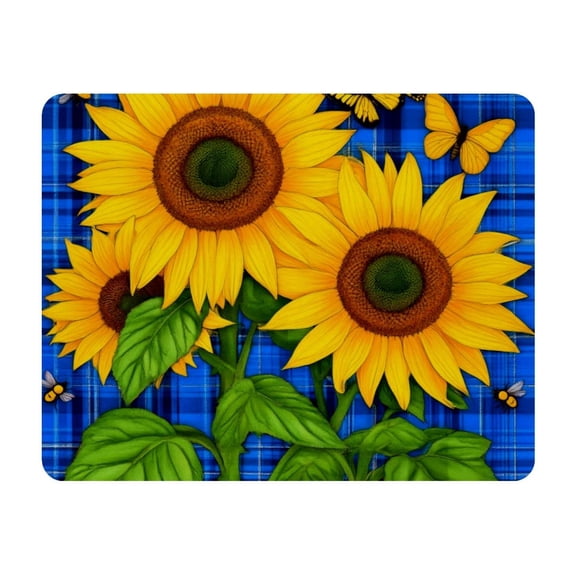 Small Mouse Pad Desk Pad, Office Mouse Mat Non-Slip Rubber Base, Mousepad for Computer Laptop 28x22cm,Blue Plaid Sunflower Butterfly